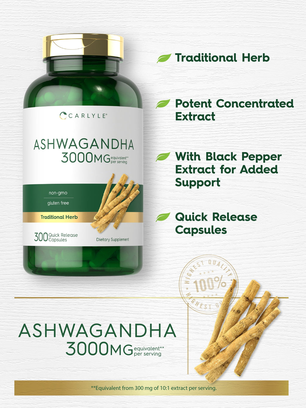 Ashwagandha 3000mg Supplement | 300 Capsules | Non-GMO, Gluten-Free