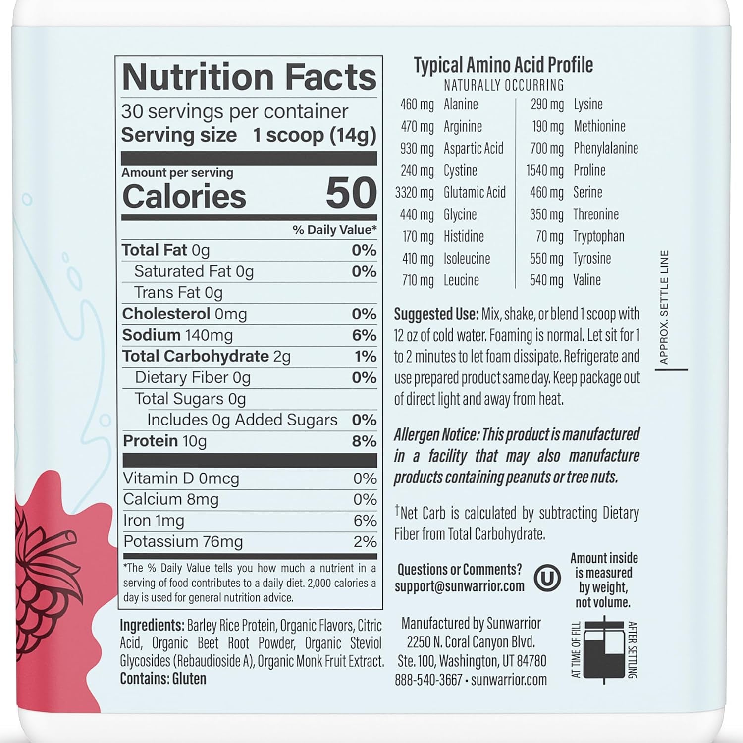 Plant-Based Clear Protein Powder and Hydration Supplement, Vegan Raspberry Flavor, 10G Protein per Serving, 420G Tub (30 Servings)