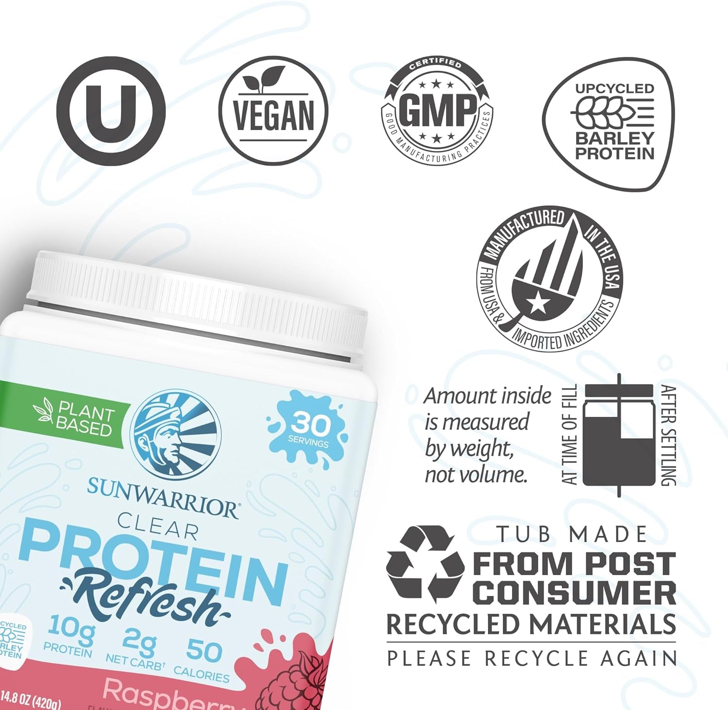 Plant-Based Clear Protein Powder and Hydration Supplement, Vegan Raspberry Flavor, 10G Protein per Serving, 420G Tub (30 Servings)