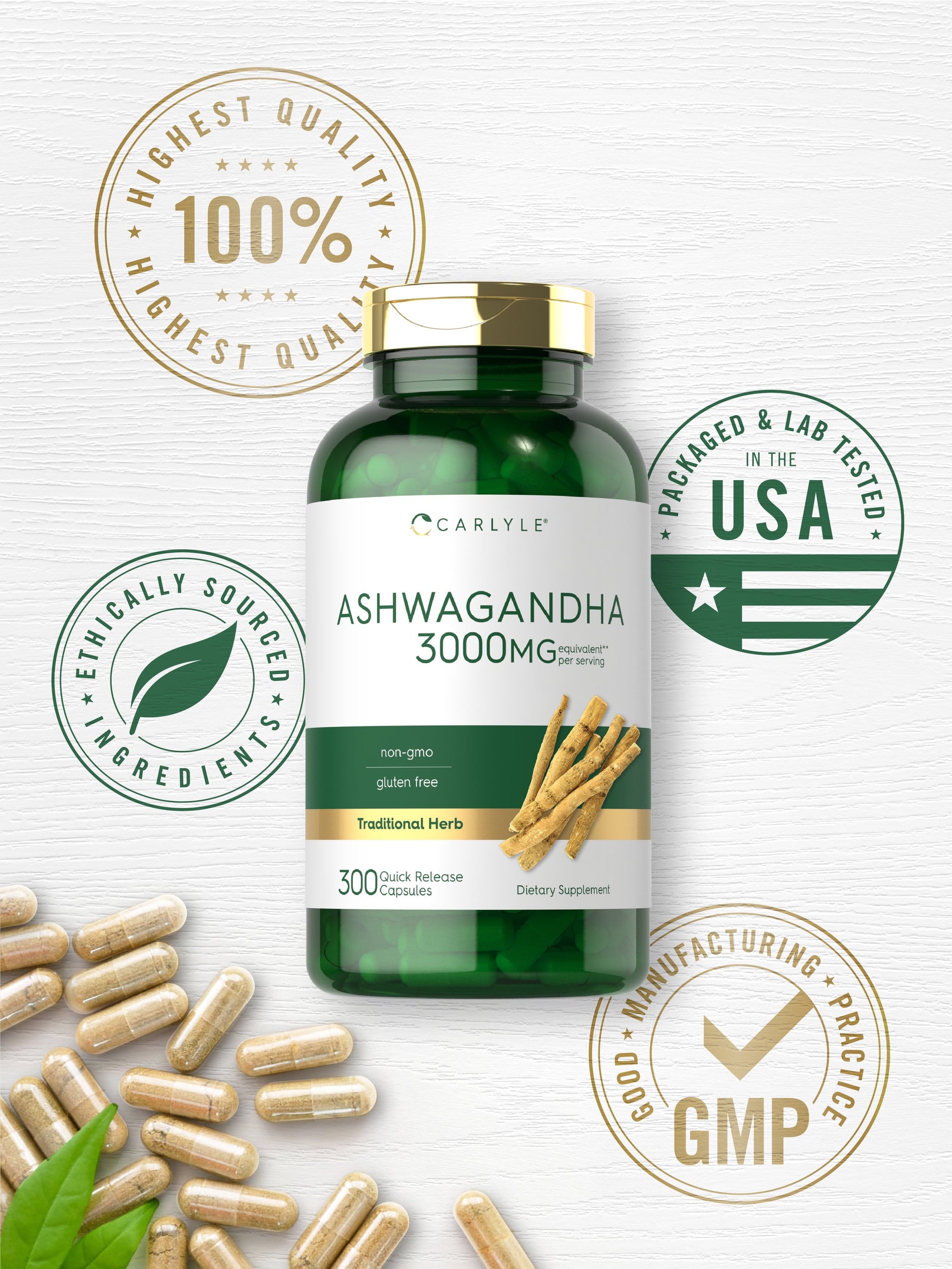 Ashwagandha 3000mg Supplement | 300 Capsules | Non-GMO, Gluten-Free